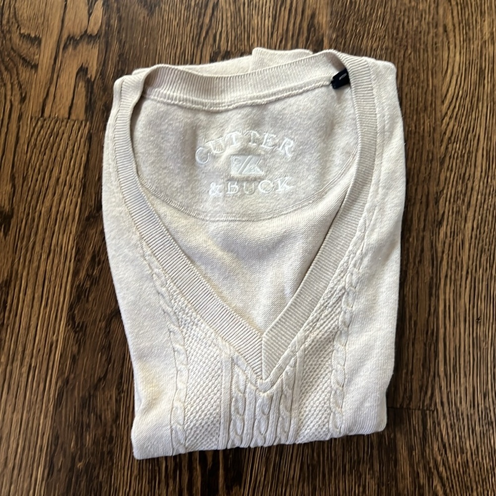 Cutter & Buck Oatmeal Tan Soft Cotton Vest. Knit detail. EUC. Size Large